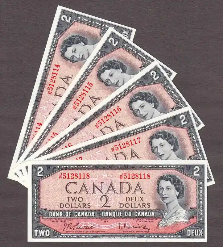 Canada 2 x 5 Consecutive QEII Prefix J/R BC-38b Pick-76b Original UNC unz | Neu