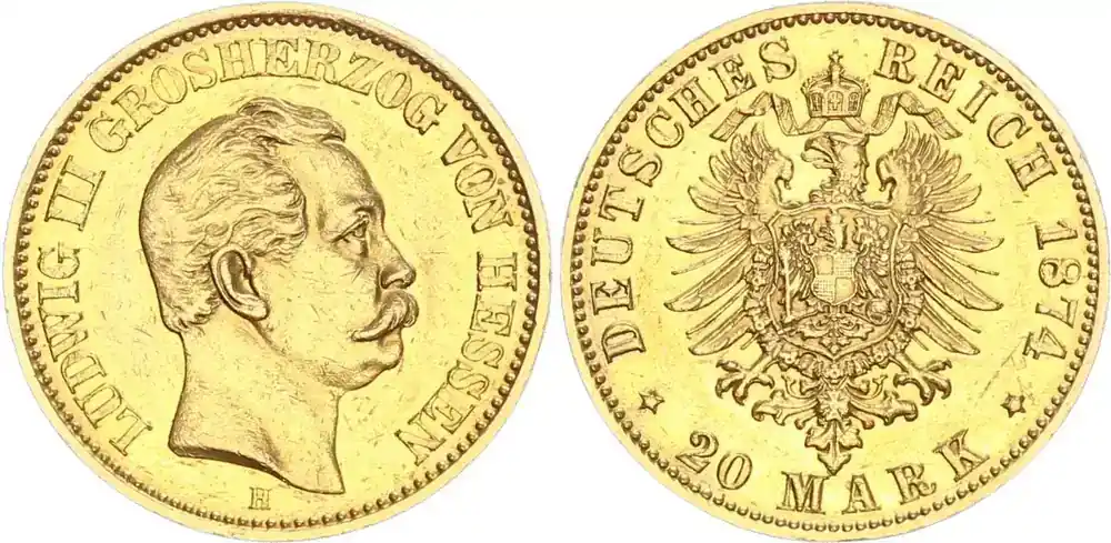 Hessen 20 Mark 1874 H Ludwig III. 1848 – 1877 vorzüglich | Werkspreis