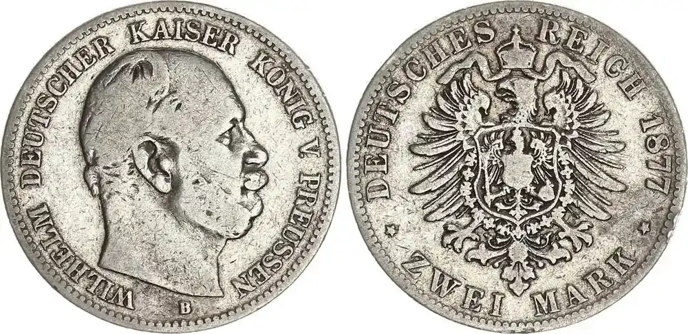 Neuzugang - Preußen 2 Mark 1877 B Wilhelm I. 1861 – 1888 schön